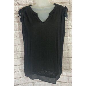 Sanctuary Tank Top Medium Black Linen Sleeveless V Neck Chiffon Hem Gathered